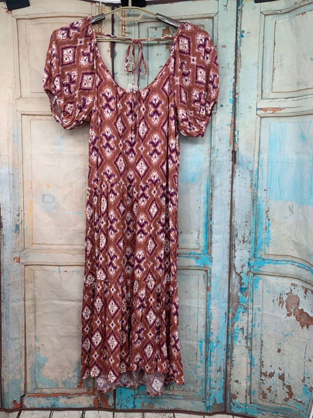 Knox Rose Womans M Cognac Midi Dress Balloon Sleeves Rayon Pockets NEW - Picture 5 of 10